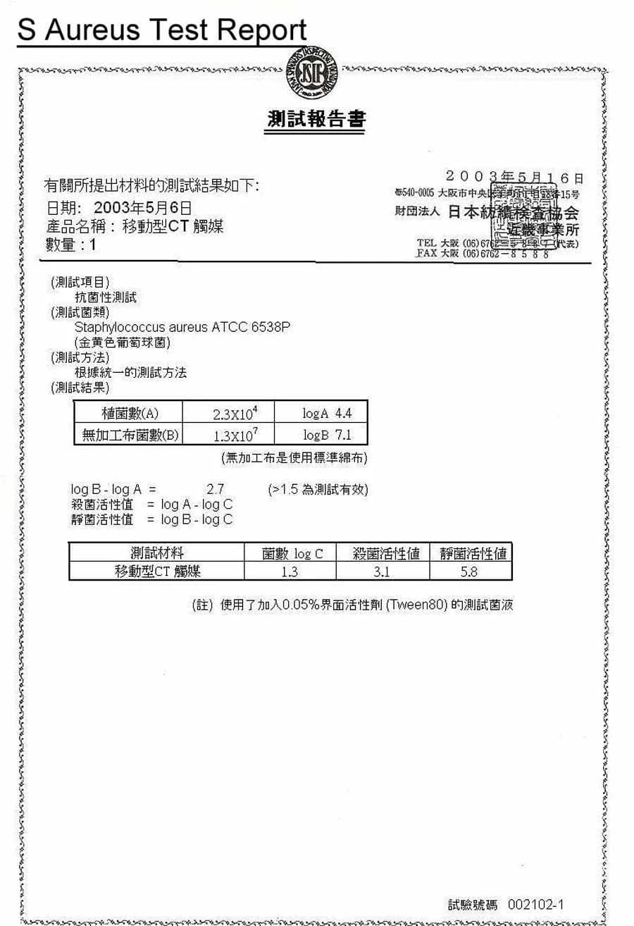 金黃色葡萄球菌抗菌測試報告原件。數值及測試條件請以清晰原圖核對。