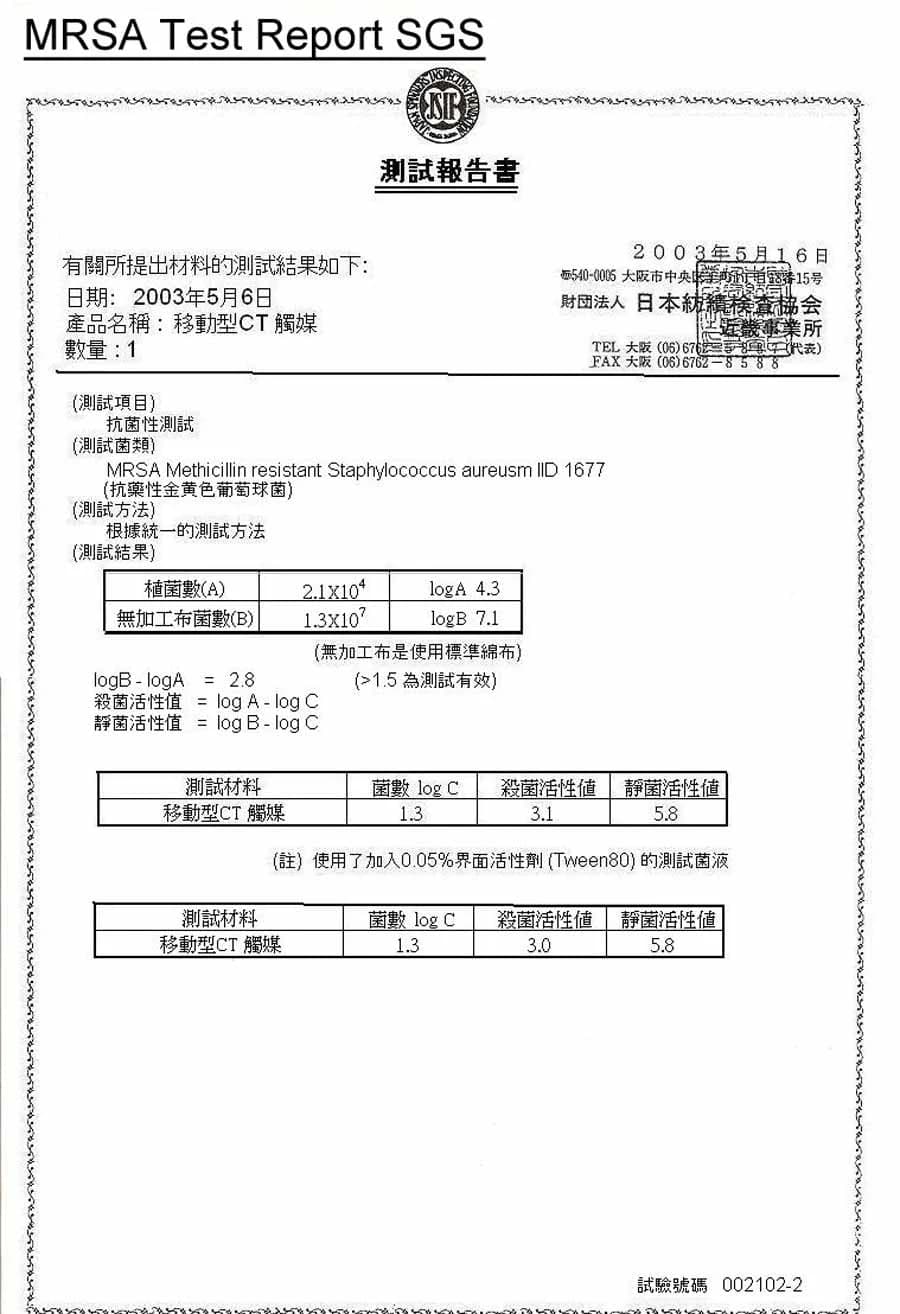 抗菌測試報告原件，含測試數據及計算；自動文字辨識可能無法準確辨認數值。