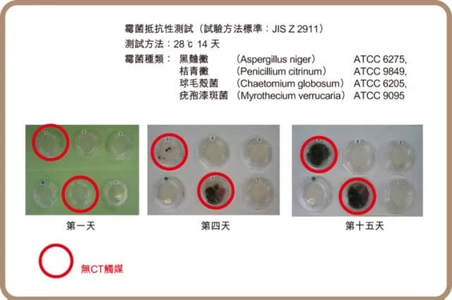 原網站防霉測試對比圖,標示JIS Z 2911、28°C及14天測試條件。