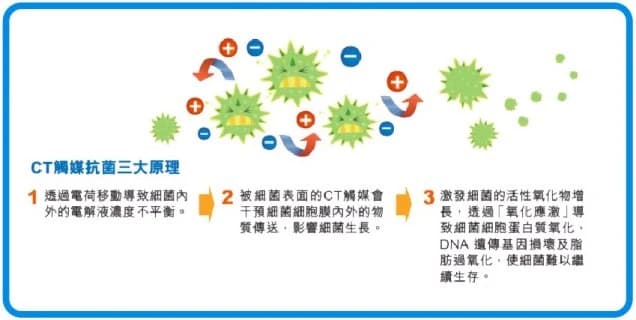歷史抗菌原理圖:聲稱以電荷移動影響電解平衡、細胞膜物質傳送及氧化反應。